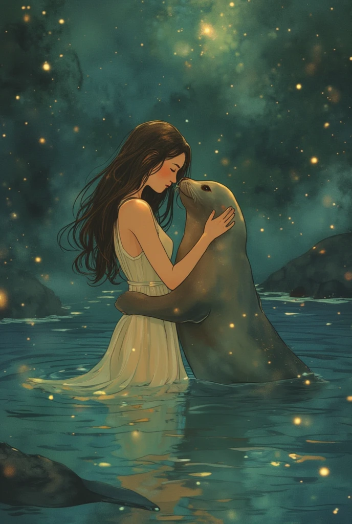 ((line-art Anime, manga aesthetic, highly detailed, vibrant colors, dynamic lighting, soft shading, 8k resolution, masterpiece)),(((1girl_seal:1.2)))A woman emerging from water, with a seal climbing up beside her to embrace her, symbolizing harmony and connection. The woman has long, flowing hair, wearing a simple, elegant dress that drapes gently around her body, creating a sense of ethereal beauty. The seal, with smooth fur and expressive eyes, gently wraps its flippers around her in a tender embrace. The scene is set in a serene, mystical landscape with soft, glowing light filtering through the water. The background is filled with gentle waves and mist, creating a peaceful atmosphere. The scene is highly detailed with dynamic lighting and vibrant colors, bringing out the contrast between the dark depths of the water and the illuminated figure of the woman and the seal. The art style is anime-inspired with manga aesthetics, soft shading, and vibrant hues that make the characters stand out beautifully. The image is rendered in 8k resolution, creating a sense of depth and intricacy in every detail, showcasing the masterpiece of this serene, magical moment."