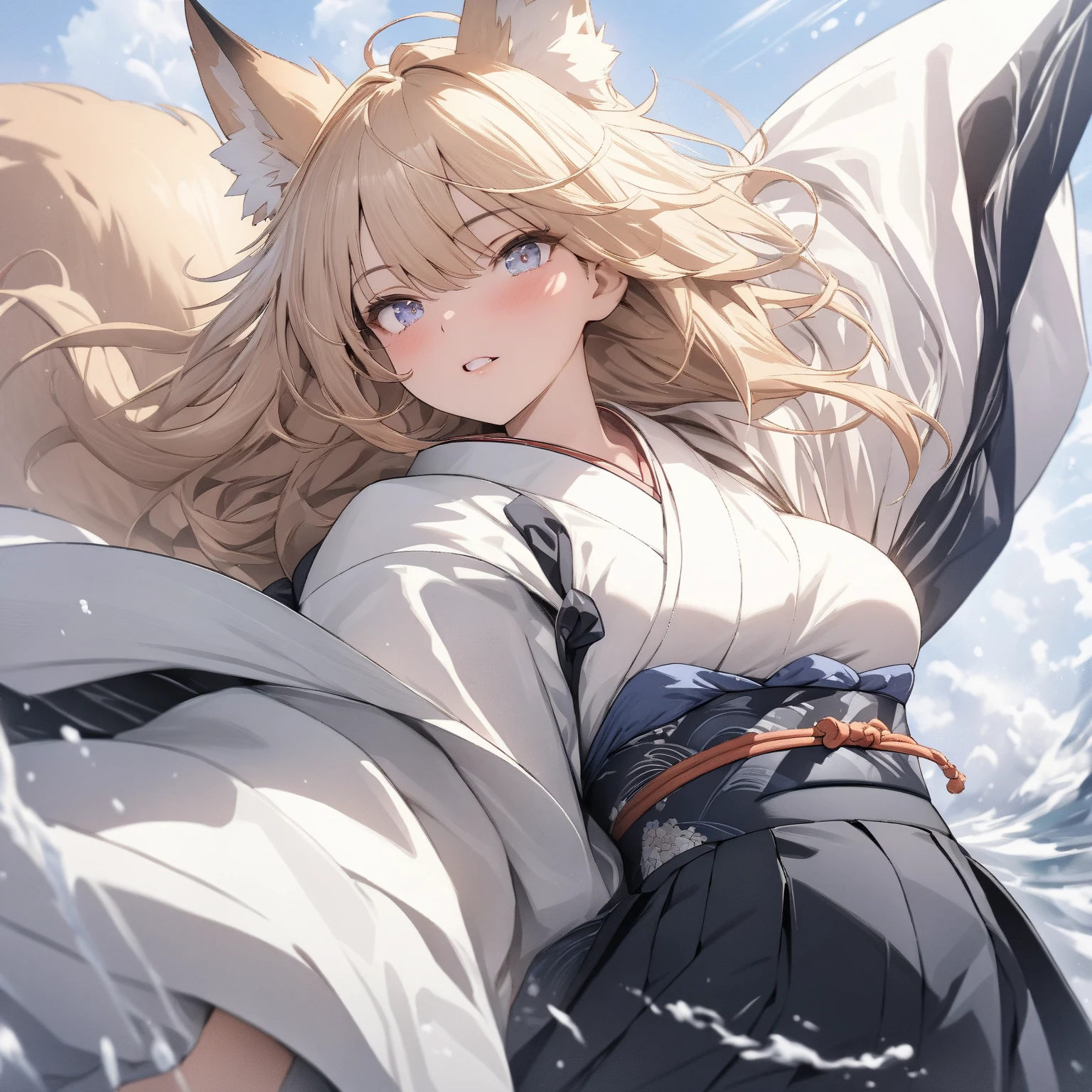 A girl with reddish green eyes with purple, looking back, outdoors, obi, without clothes, big breasts, big buttocks, fox ears, ultra realistic, height 1.87, second girl with very big breasts and very big buttocks, hair blue with blonde, he is 1.79 tall, laughing, in the water making fun of the first girl