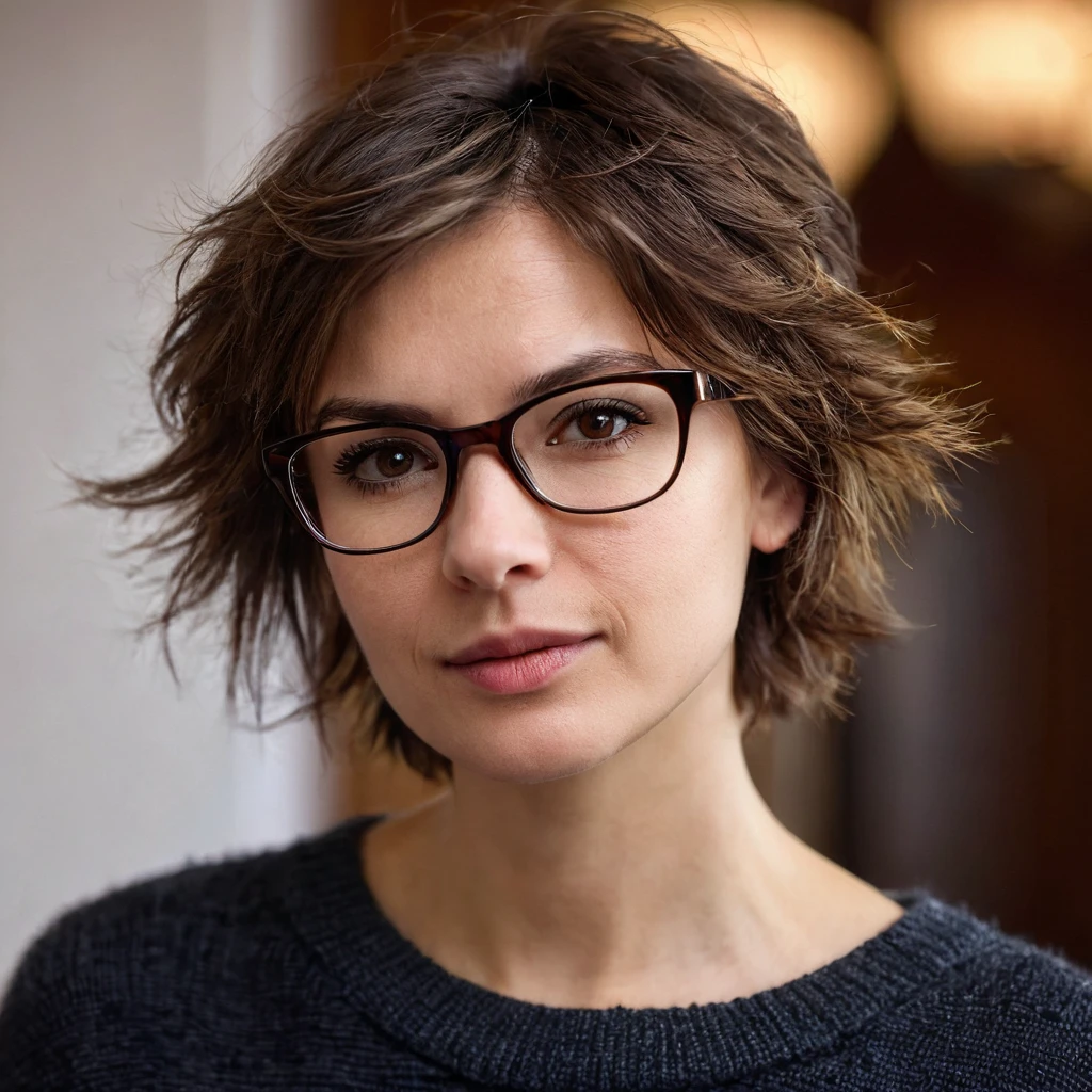 1 cute russian tomboy girl 39yo with tiny breast, beautiful rounded face, blurry, blurry background, (dark brown eyes), glasses, depth of field, eyelashes, indoors, sensual lips, looking at viewer, small cute wide nose, photo \(medium\), portrait, photorealistic, very shaggy brown hair, boyish short messy disheveled hair, boyish clothstyle, solo, teeth dark background