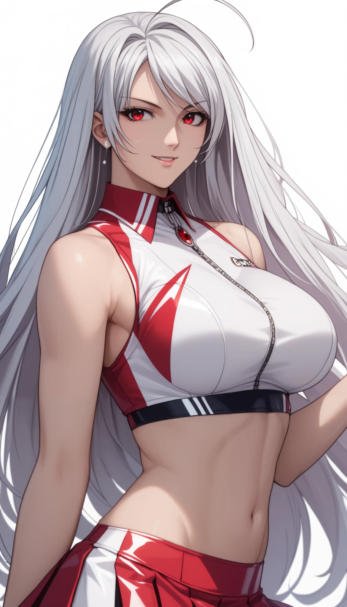 vampire moka akashiya, long hair, red eyes, ahoge, white hair, large breasts, race queen, skirt, midriff, crop top,, light smile,Shiny Hair、Tight waist、Small waist、Glowing Skin、(white background:1.2)、eight-headed body、Beauty、