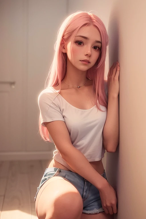 ((realistic face, adult look)), (pink pink shirt, short clothes), (pink long hair, pink Nike sneakers), (22 years), (1 girl), (4k style))