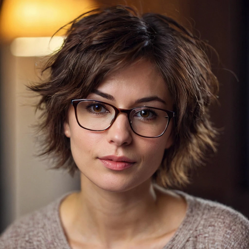 1 cute russian tomboy girl 39yo with tiny breast, beautiful rounded face, blurry, blurry background, (dark brown eyes), glasses, depth of field, eyelashes, indoors, sensual lips, looking at viewer, small cute wide nose, photo \(medium\), portrait, photorealistic, very shaggy brown hair, boyish short messy disheveled hair, boyish clothstyle, solo, teeth dark background