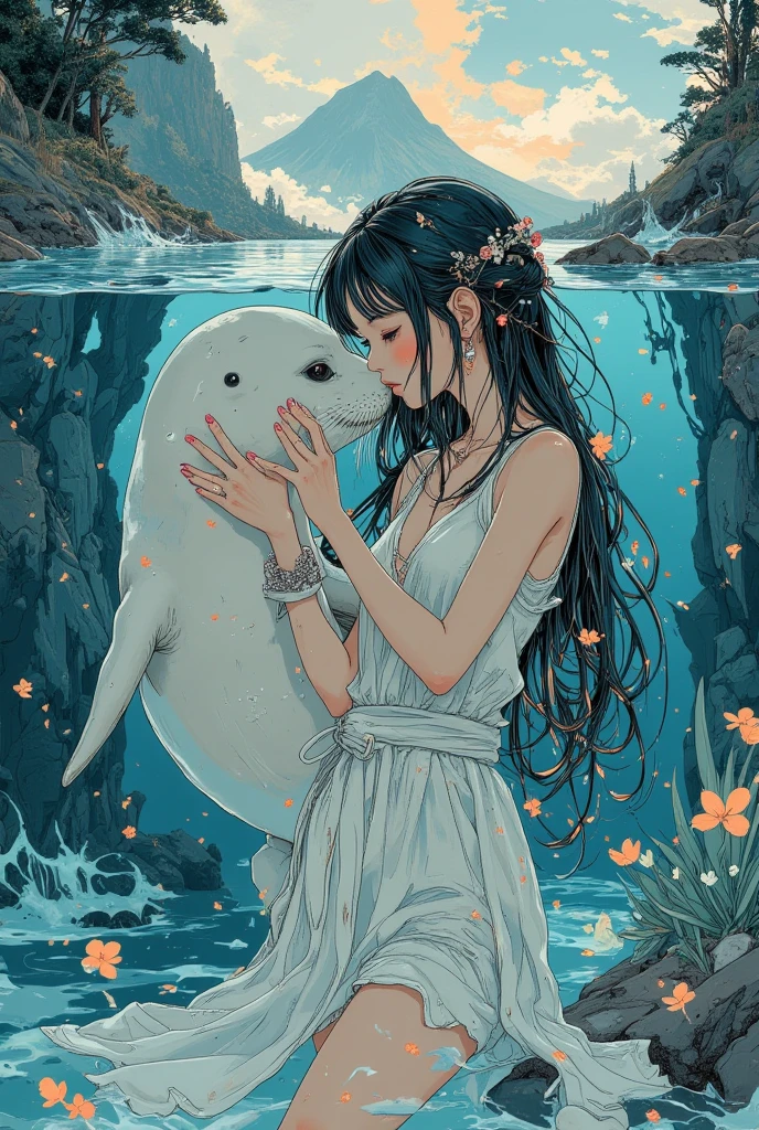 ((line-art Anime, manga aesthetic, highly detailed, vibrant colors, dynamic lighting, soft shading, 8k resolution, masterpiece)),(((1girl_seal:1.2)))A woman emerging from water, with a seal climbing up beside her to embrace her, symbolizing harmony and connection. The woman has long, flowing hair, wearing a simple, elegant dress that drapes gently around her body, creating a sense of ethereal beauty. The seal, with smooth fur and expressive eyes, gently wraps its flippers around her in a tender embrace. The scene is set in a serene, mystical landscape with soft, glowing light filtering through the water. The background is filled with gentle waves and mist, creating a peaceful atmosphere. The scene is highly detailed with dynamic lighting and vibrant colors, bringing out the contrast between the dark depths of the water and the illuminated figure of the woman and the seal. The art style is anime-inspired with manga aesthetics, soft shading, and vibrant hues that make the characters stand out beautifully. The image is rendered in 8k resolution, creating a sense of depth and intricacy in every detail, showcasing the masterpiece of this serene, magical moment."