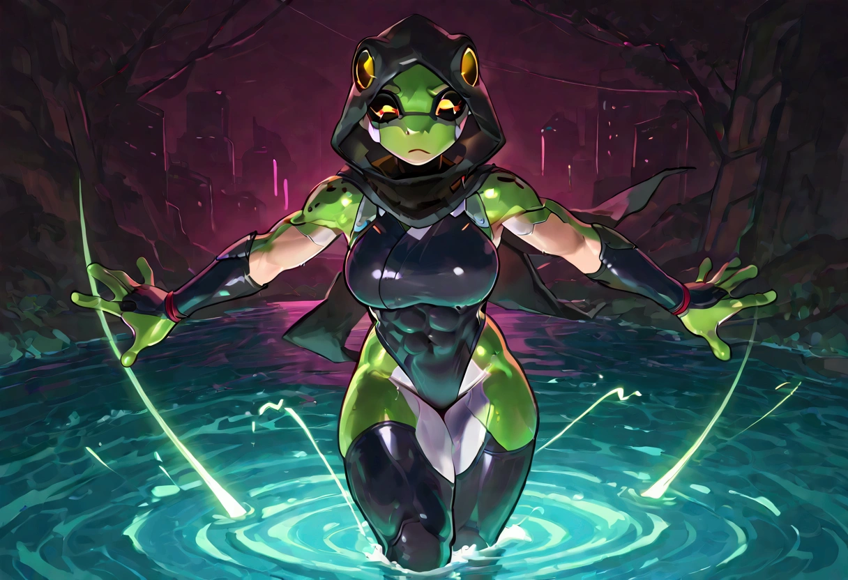 Anthropomorphic frog, Female frog ninja, cobra hood, wearing ninja clothes, cyberpunk, sexy, well-toned abs, frightened expression, violently pulled in to a whirlpool in a river