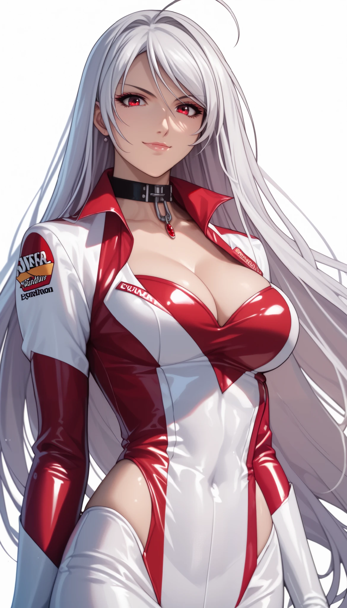 vampire moka akashiya, long hair, red eyes, ahoge, white hair, large breasts,  race queen outfit, light smile,Shiny Hair、Tight waist、Small waist、Glowing Skin、(white background:1.2)、eight-headed body、Beauty、