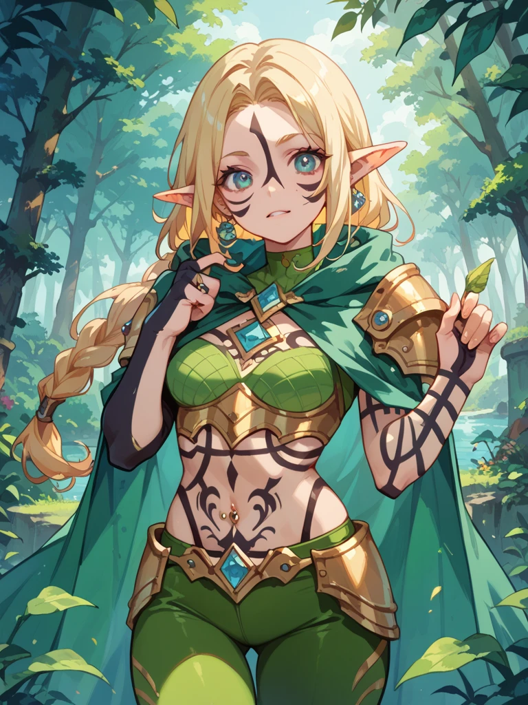 Battle, Confident Blond haired tsundere elf girl, hunting you in a jungle oasis, smirking, mischievous, dark fantasy [face close up, detailed face] 