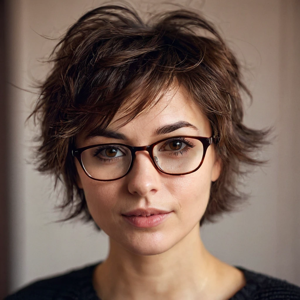 1 cute russian tomboy girl 35yo with tiny breast, beautiful rounded face, blurry, blurry background, (dark brown eyes), glasses, depth of field, eyelashes, indoors, sensual lips, looking at viewer, small cute wide nose, photo \(medium\), portrait, photorealistic, very shaggy brown hair, boyish short messy disheveled hair, boyish clothstyle, solo, teeth dark background