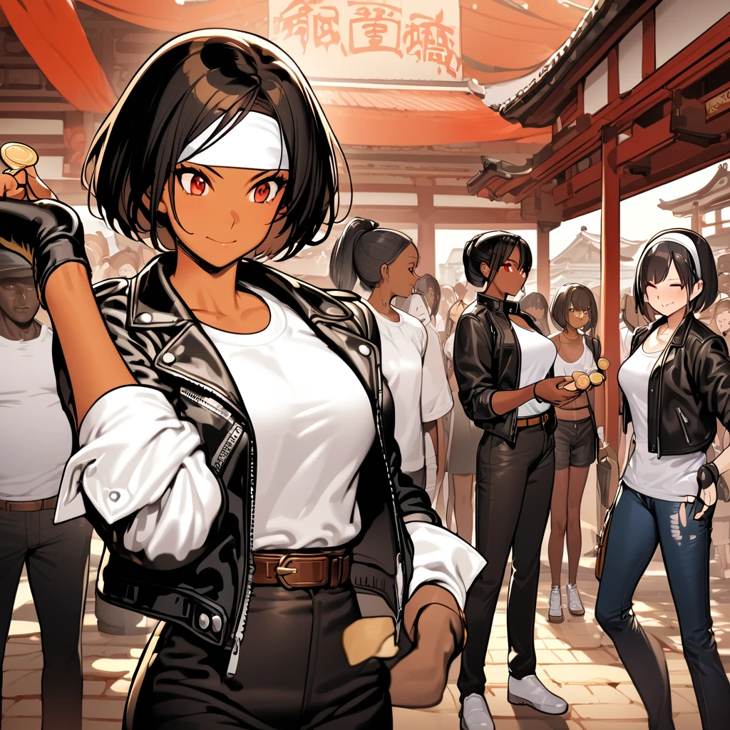 (( Amazingly strange )),(Masterpiece:1.2)),Super Kampala, Attention to detail, High quality, Kampala, Top quality, 4K, 8k, Multiple girls , (holding coins in hand), Close eyes, Short bob, Black hair, Red eyes, Dark skin, ((black leather jacket with rolled up sleeves)), Fingerless gloves, white t-shirt, (( white headband )), open jacket, black pants, white boots, brown belt, shrine , black dots, front angle