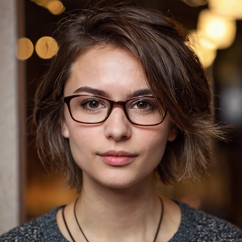 1 cute russian tomboy girl 33yo with tiny breast, beautiful rounded face, blurry, blurry background, (dark brown eyes), glasses, depth of field, eyelashes, indoors, sensual lips, looking at viewer, small cute wide nose, photo \(medium\), portrait, photorealistic, very shaggy brown hair, boyish short messy disheveled hair, boyish clothstyle, solo, teeth dark background