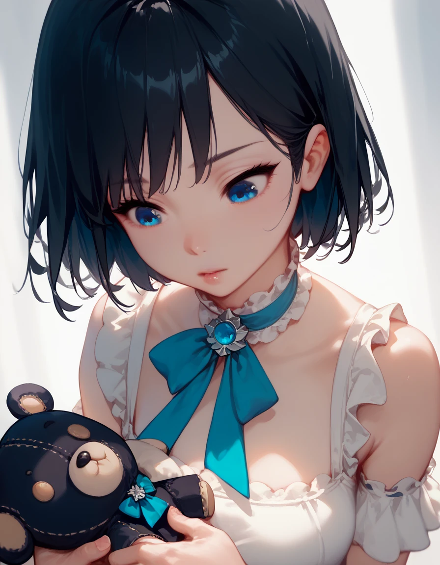 1girl, solo, high resolution, good quality, high details, short hair, black hair, bright blue eyes, white dress wirh frills, small, petite, clutching a plushie