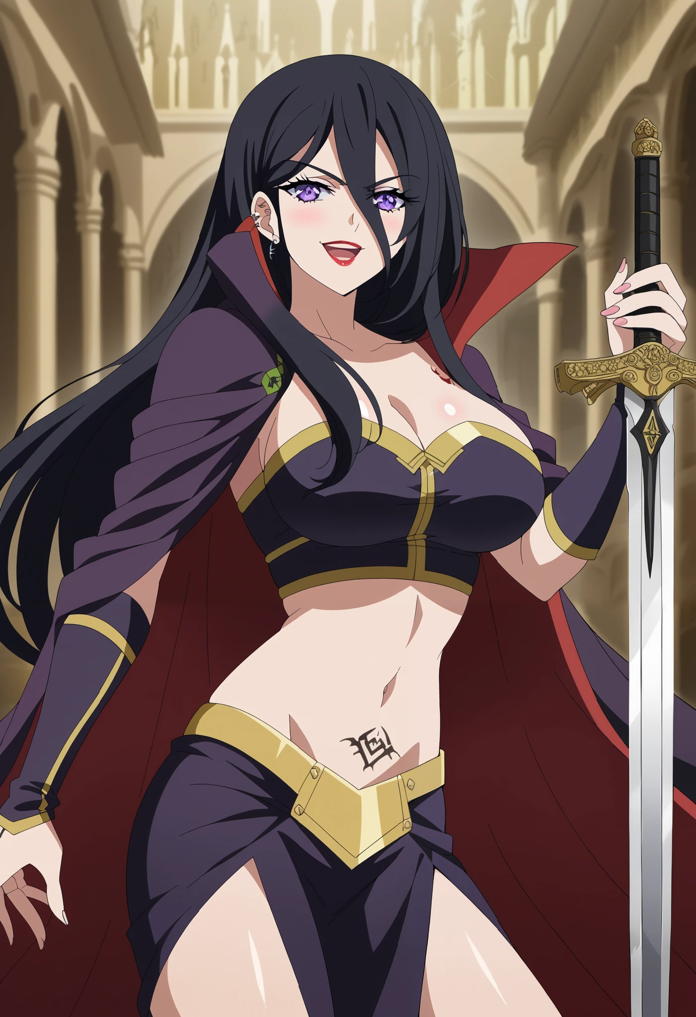 score_9, score_8_up, score_7_up, source_anime, cefiro, long hair, purple eyes, black hair, hair between eyes, lipstick, large breasts, ear piercing, long hair, blush, lipstick,Hot girl, baddie, evil smile, smile,, sensual, attractive, masterpiece, best quality, highly detailed, fantasy , a anime girls in armored dress holding a sword
posing for a picture, evil smile, smile, open mouth, breastplate with open cleavage, cleavage, warrior
outfit, ecchi anime style, anime girls, ecchi style, (nsfw) not safe for work, ecchi, digital anime art!!, in
anime style, official artwork, visual novel cg, beautiful anime girl, anime style 4 k , loincloth, exposed
belly, exposed navel, exposed midriff, exposed lower belly, pencil skirt armored, castle,inside castle,,,, dragon tattoo , tattoo midriff, tattoo, shiny skin,