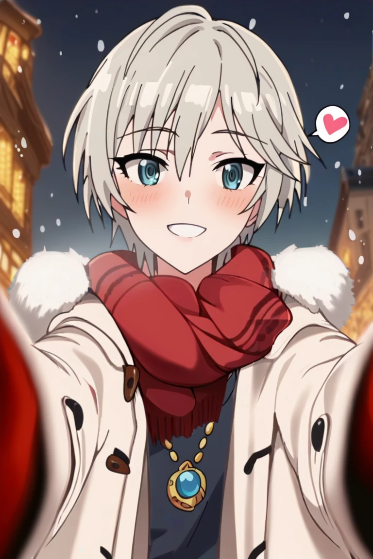 score_9, score_8_up, score_7_up, best quality, masterpiece, anime screencap, anime coloring, 1girl, solo, looking at viewer, outside, anastasia, short hair, hair between eyes, jewelry, necklace, pov cheek warming, pov cheek warming (meme), winter gloves, duffel coat, fur-trimmed scarf, winter clothes, red mittens, meme, winter coat, red scarf, fur-trimmed coat, reaching towards viewer, reaching, mittens, fur-trimmed hood, white coat, open coat, scarf, coat, red gloves, snowing, pov, fur trim, depth of field, smile, blush, grin, spoken hearts