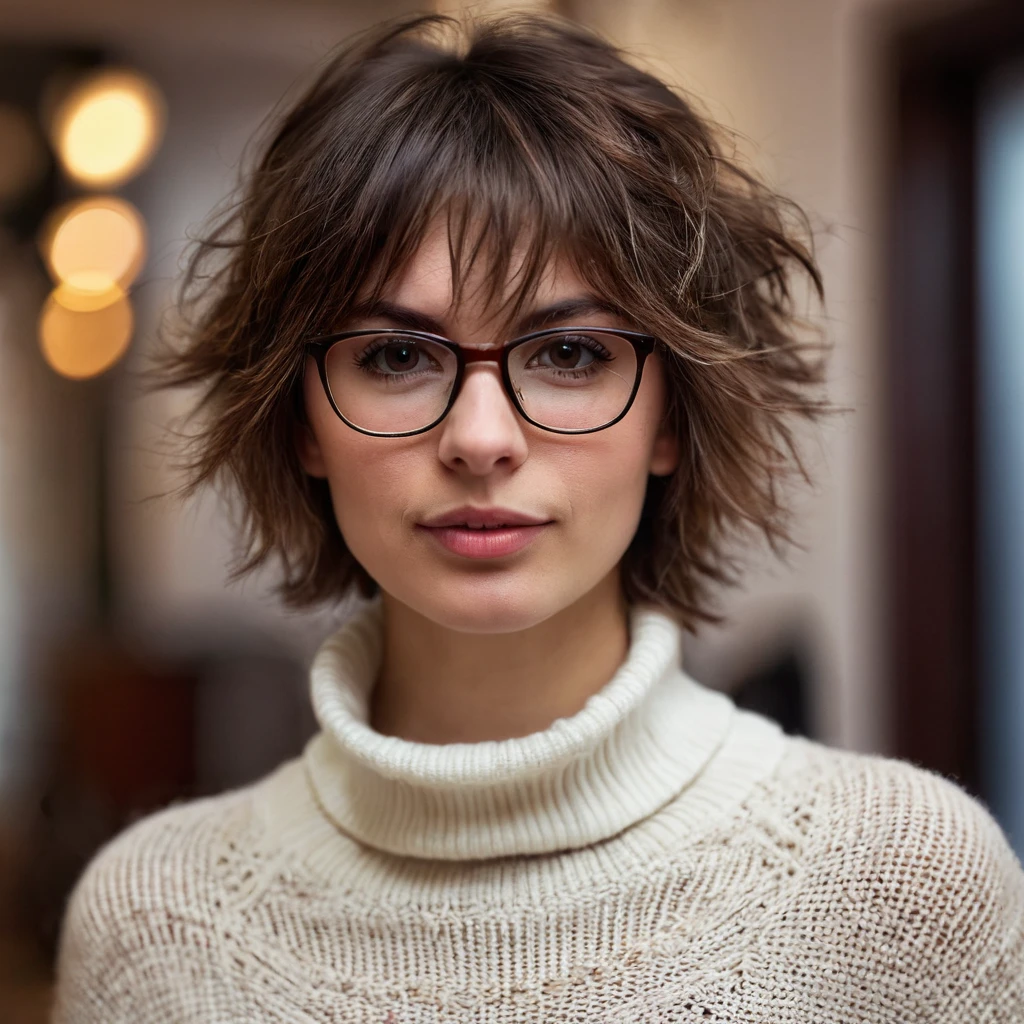 1 cute russian tomboy girl 33yo with tiny breast, beautiful rounded face, blurry, blurry background, (dark brown eyes), glasses, depth of field, eyelashes, indoors, sensual lips, looking at viewer, small cute wide nose, photo \(medium\), upper body portrait, photorealistic, very shaggy brown hair, boyish short messy disheveled hair, turtleneck sweater, solo, teeth dark background