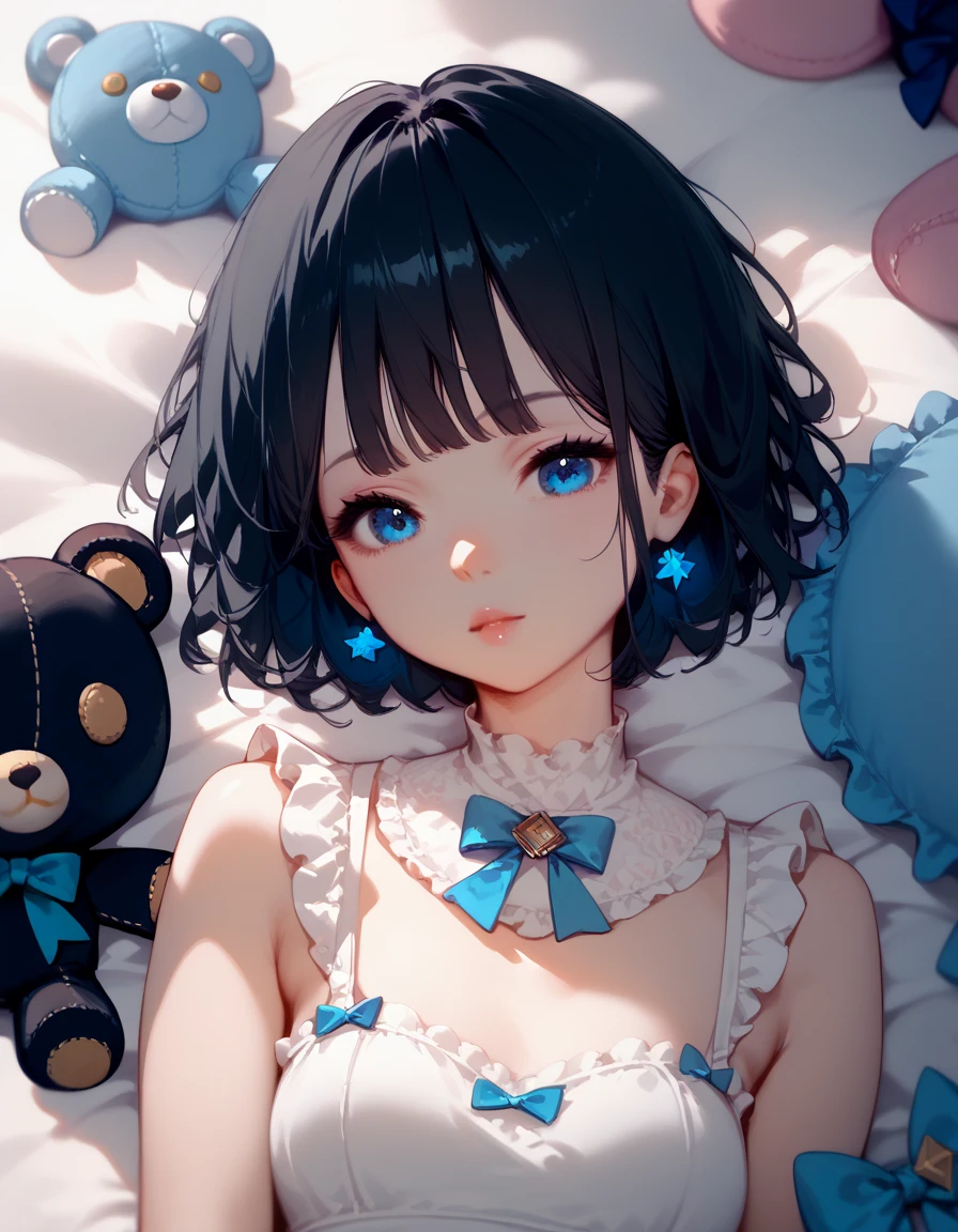 1girl, solo, high resolution, good quality, high details, short hair, black hair, bright blue eyes, white dress wirh frills, small, petite, plushie