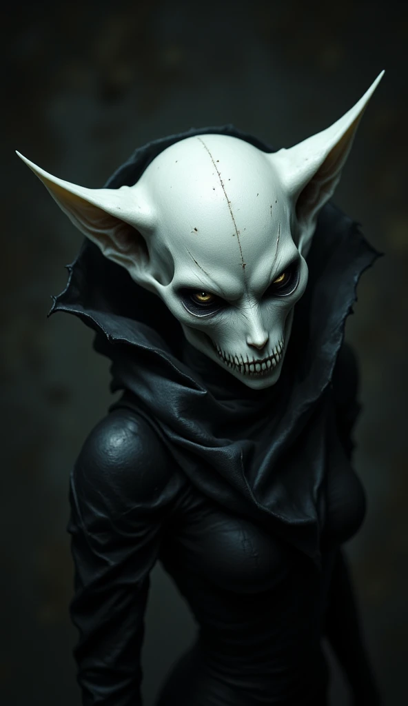 medium shot, young female body with female skull with cat-ears, cat-eared girl skull, horror, dark fantasy, high quality, 8k, photorealistic, detailed facial features, intricate details, dramatic lighting, moody atmosphere, muted color palette, deep shadows, unsettling, mysterious, ominous, aidmafluxpro1.1, dnddarkestfantasy, 