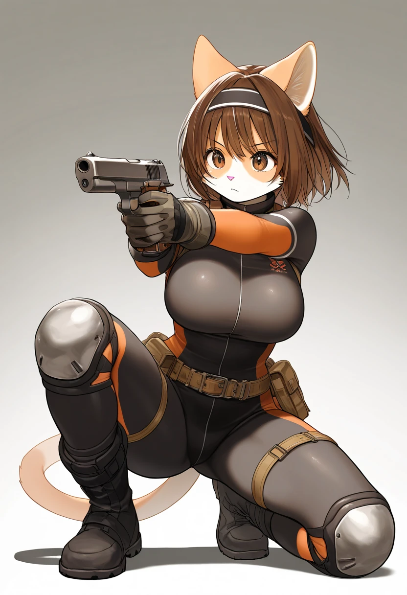 1girl, (furry, kemono:1.3), cat girl, animal nose, catears, cat tail, breasts, brown hair, brown eyes, large breasts, short hair, bodysuit, headband, gloves, boots, on one knee, knee pads, belt pouch, solo, holding, aiming, full body, simple background, weapon, gun, handgun, holding weapon, holding gun, pouch masterpiece, best quality, very aesthetic, absurdres