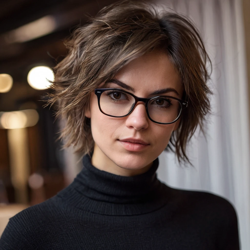 1 cute russian muscular strong tomboy girl 33yo with tiny breast, beautiful rounded face, blurry, blurry background, (dark brown eyes), glasses, depth of field, eyelashes, indoors, sensual lips, looking at viewer, small cute wide nose, photo \(medium\), upper body portrait, photorealistic, very shaggy brown hair, boyish short messy disheveled hair, black tight turtleneck sweater, solo, teeth dark background