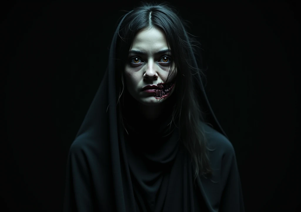 (best quality:1.2),artwork,scary woman with a mask,dark clothing,holding a bloodied knife,piercing gaze,horror theme,creepy atmosphere,ominous lighting,nighttime scene,macabre details,color palette:dark and gloomy,Showing your breasts,without, holding a man's head amputated from the body 