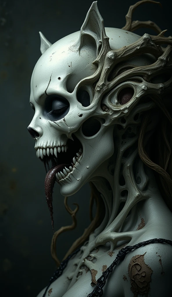 medium shot, young female body with female skull with cat-ears, cat-eared girl skull, horror, dark fantasy, high quality, 8k, photorealistic, detailed facial features, intricate details, dramatic lighting, moody atmosphere, muted color palette, deep shadows, unsettling, mysterious, ominous, aidmafluxpro1.1, dnddarkestfantasy, 