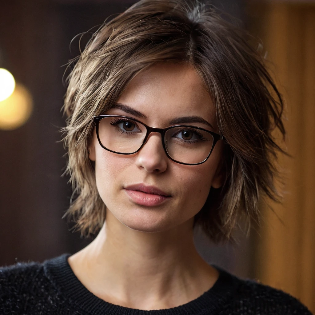 1 cute russian muscular strong tomboy girl 33yo with tiny breast, beautiful rounded face, blurry, blurry background, (dark brown eyes with ironic look), glasses, depth of field, eyelashes, indoors, sweet nice lips, looking at viewer, small cute wide nose, photo \(medium\), upper body portrait, photorealistic, very shaggy brown hair, boyish short messy disheveled hair, black tight turtleneck sweater, solo, teeth dark background