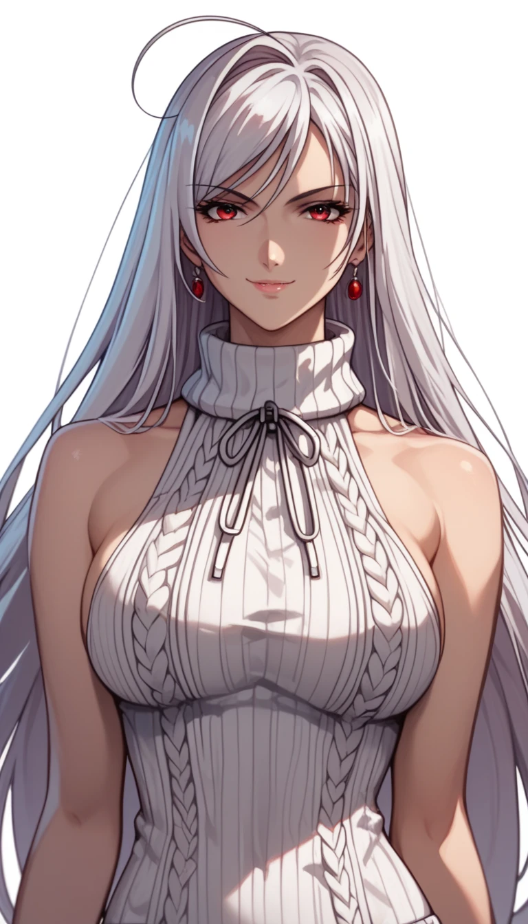 vampire moka akashiya, long hair, red eyes, ahoge, white hair, large breasts,  virgin destroyer sweater, light smile,Shiny Hair、Tight waist、Small waist、Glowing Skin、(white background:1.2)、eight-headed body、Beauty、