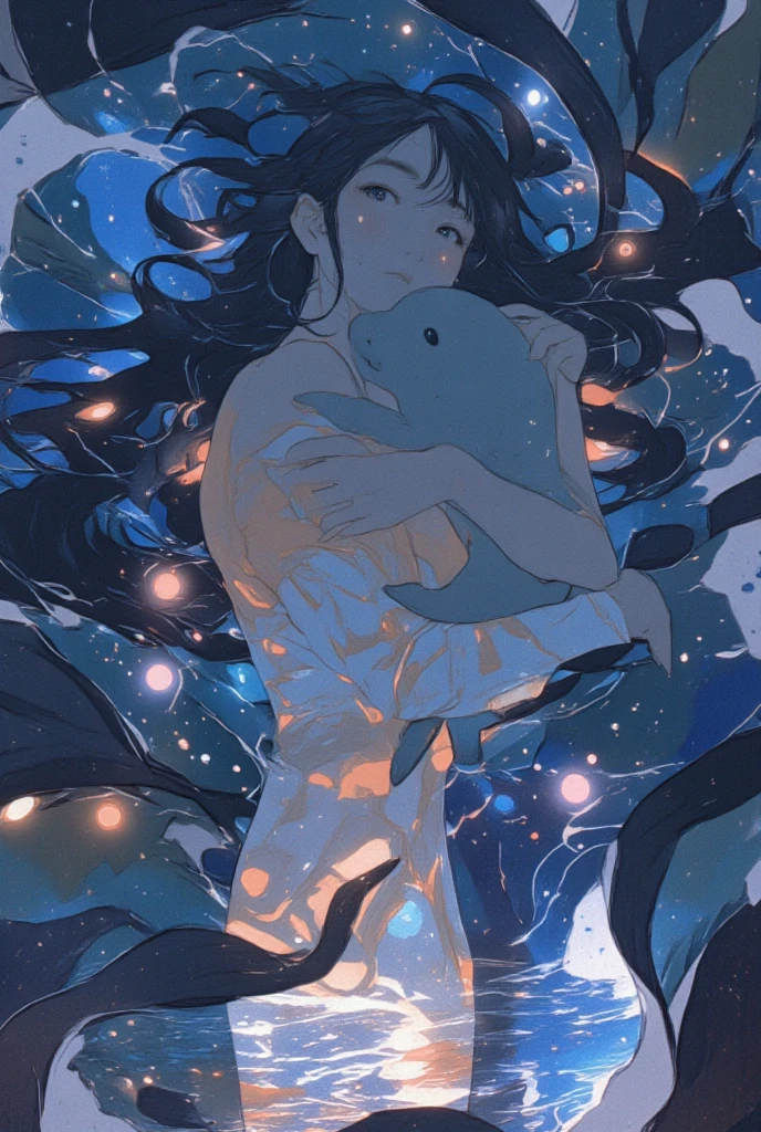 ((line-art Anime, manga aesthetic, highly detailed, vibrant colors, dynamic lighting, soft shading, 8k resolution, masterpiece)),(((1girl_seal:1.2)))A woman emerging from water, with a seal climbing up beside her to embrace her, symbolizing harmony and connection. The woman has long, flowing hair, wearing a simple, elegant dress that drapes gently around her body, creating a sense of ethereal beauty. The seal, with smooth fur and expressive eyes, gently wraps its flippers around her in a tender embrace. The scene is set in a serene, mystical landscape with soft, glowing light filtering through the water. The background is filled with gentle waves and mist, creating a peaceful atmosphere. The scene is highly detailed with dynamic lighting and vibrant colors, bringing out the contrast between the dark depths of the water and the illuminated figure of the woman and the seal. The art style is anime-inspired with manga aesthetics, soft shading, and vibrant hues that make the characters stand out beautifully. The image is rendered in 8k resolution, creating a sense of depth and intricacy in every detail, showcasing the masterpiece of this serene, magical moment."