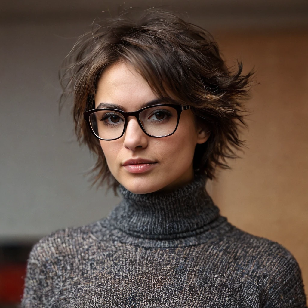 1 cute russian muscular strong tomboy girl 33yo with tiny breast, beautiful rounded face, blurry, blurry background, (dark brown eyes with ironic look), glasses, depth of field, eyelashes, indoors, sweet nice lips, looking at viewer, small cute wide nose, photo \(medium\), upper body portrait, photorealistic, very shaggy brown hair, boyish short messy disheveled hair, black tight turtleneck polyester sweater, solo, teeth dark background