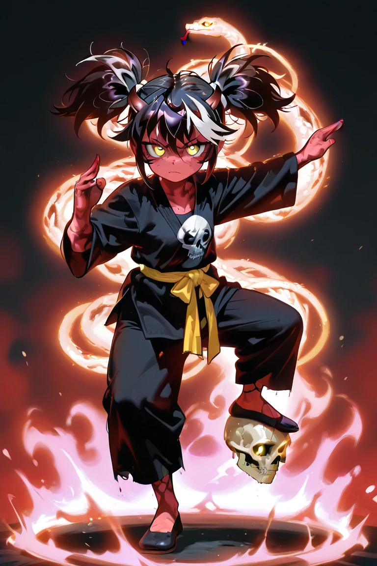 small Demon Girl with medium long black hair with white streaks , (oily messy hair) , (ponytails), skull color deamon horns, snake yellow eyes, red skin, full body view, she doing kung fu. a dojo in the background.