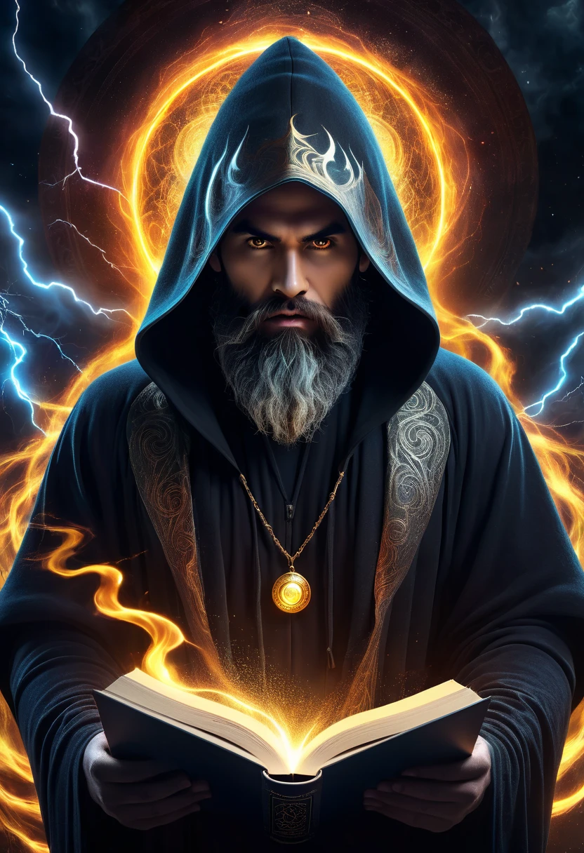 an astrologer, dark face, monstrous face, long beard, lightning eyes, dark hoodie cloak, dark aura, opened magi book, ethereal, four element blended, hihg resolution art photographic, digitally manipulated image, super detailed, UHD, 8k, dramatic light, ambient, circle flame background