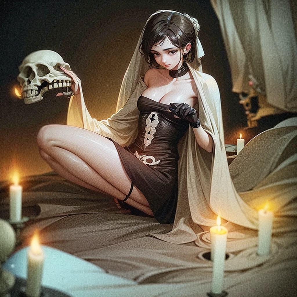 Anime 2.5D , Full body view for legs, RT by Cameron Gray Epic Poster, Girl-monster creature sits on a pile of bones and skulls watercolor painting, Jean-Baptiste Monge style, Ablaze, beautiful  in spring, splash, big perfect eyes, Rim lighting, lights, Magic, fancy, digitl art, WLOP, artgerm and james jean, uncanny