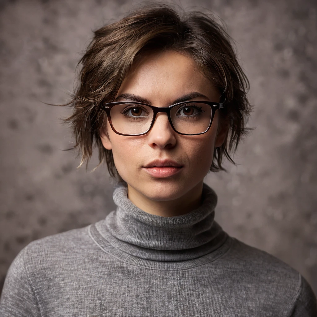 1 cute russian muscular strong tomboy girl 33yo with tiny breast, beautiful rounded face, blurry, blurry background, (dark brown eyes with ironic look), glasses, depth of field, eyelashes, indoors, sweet nice lips, looking at viewer, small cute wide nose, photo \(medium\), upper body portrait, photorealistic, very shaggy brown hair, boyish short messy disheveled hair, black tight turtleneck polyester sweater, solo, teeth dark background