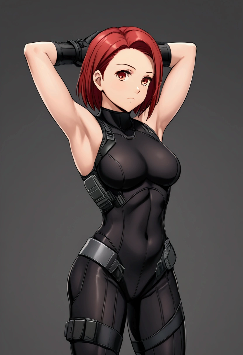 reginaDC, regina, dino crisis, 1girl, female, athletic woman, showing armpits, raised arms, arms up, arms behind head, posing, solo, masterpiece, shaved armpits, perfect proportions, black bodysuit, gray fabric layer under bodysuit, young, bare shoulders, tactical fingerless gloves, mp5