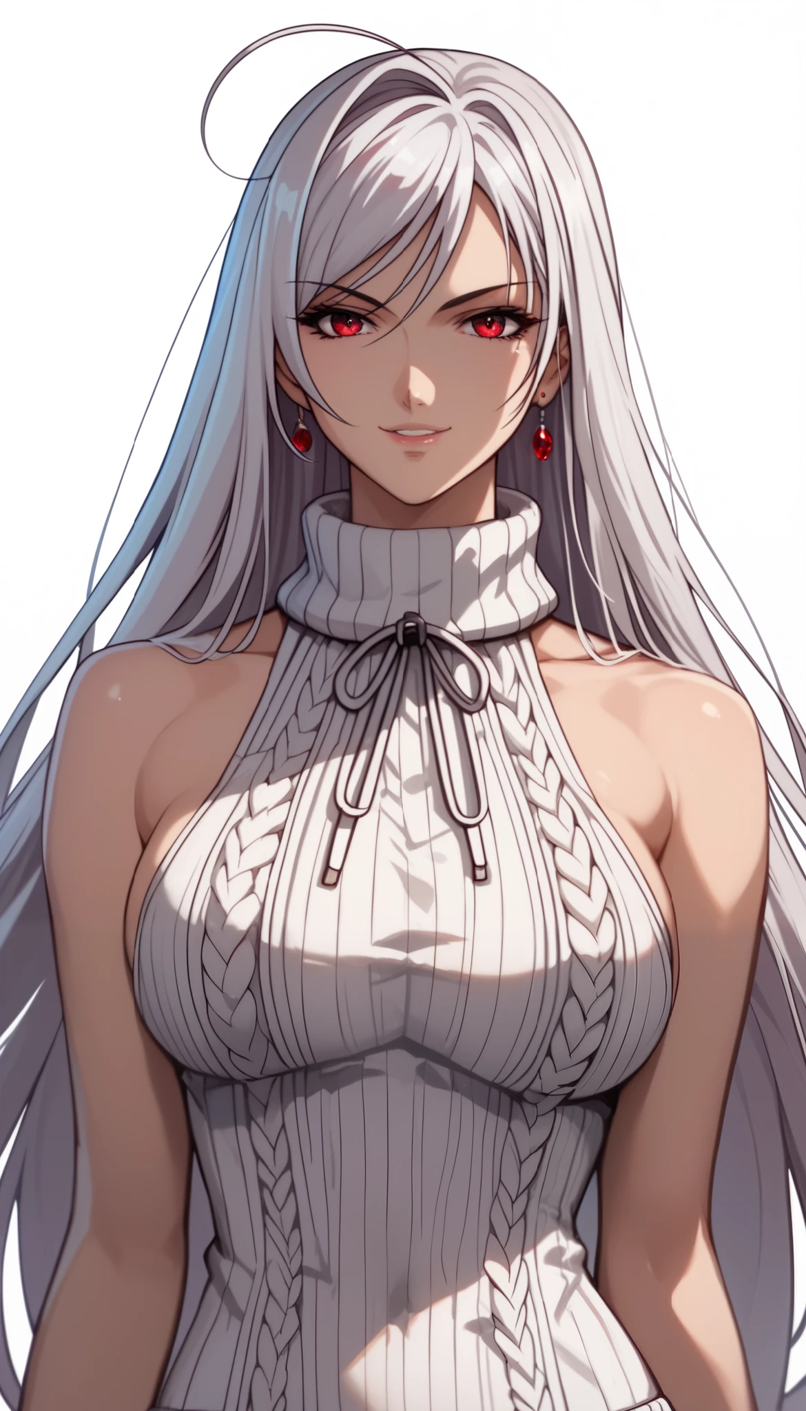 vampire moka akashiya, long hair, red eyes, ahoge, white hair, large breasts,  virgin destroyer sweater, light smile,Shiny Hair、Tight waist、Small waist、Glowing Skin、(white background:1.2)、eight-headed body、Beauty、