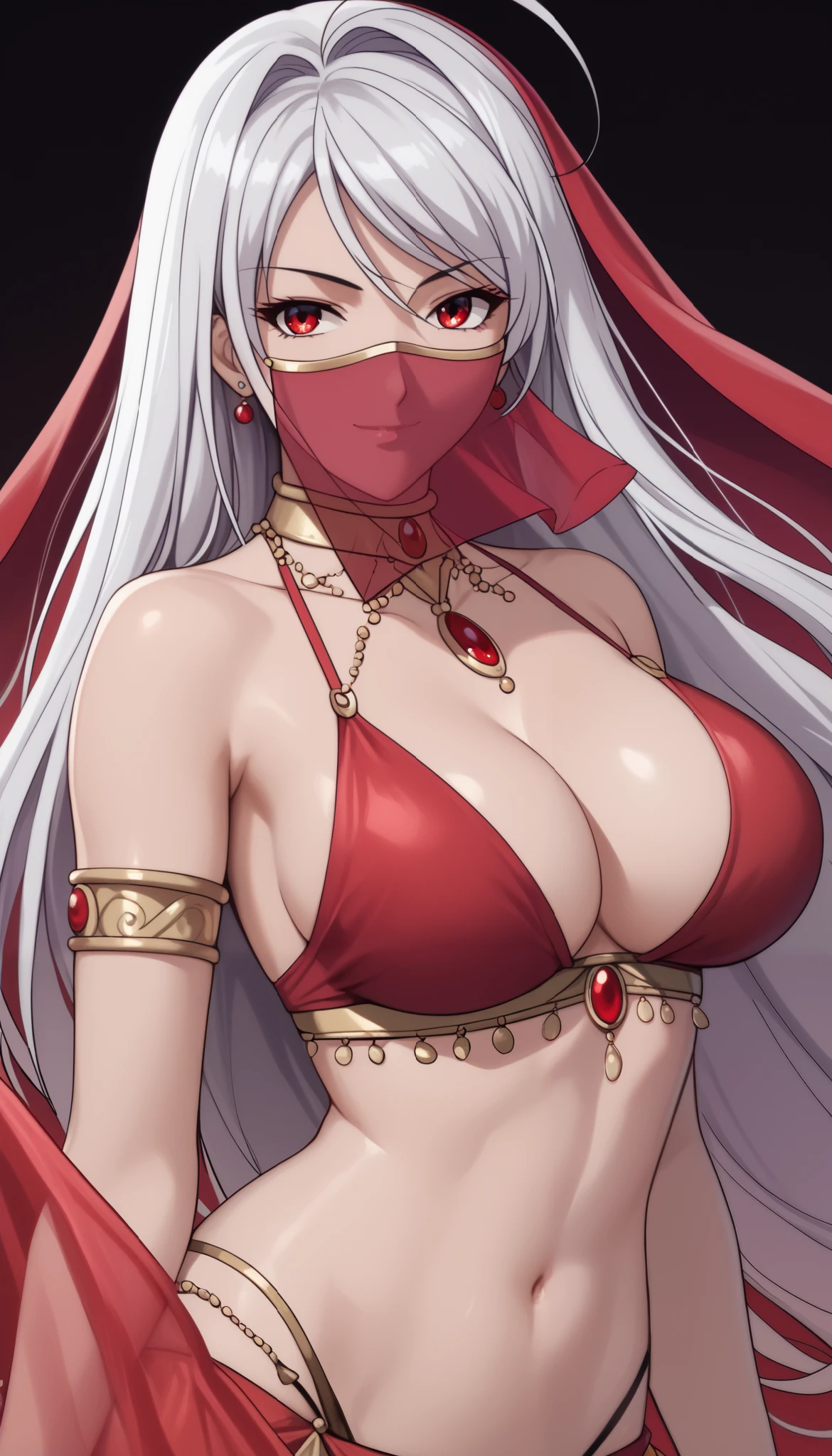 vampire moka akashiya, long hair, red eyes, ahoge, white hair, large breasts, arabian clothes, dancer, mouth veil, belly dancing, veil, armlet,, light smile,Shiny Hair、Tight waist、Small waist、Glowing Skin、(white background:1.2)、eight-headed body、Beauty、