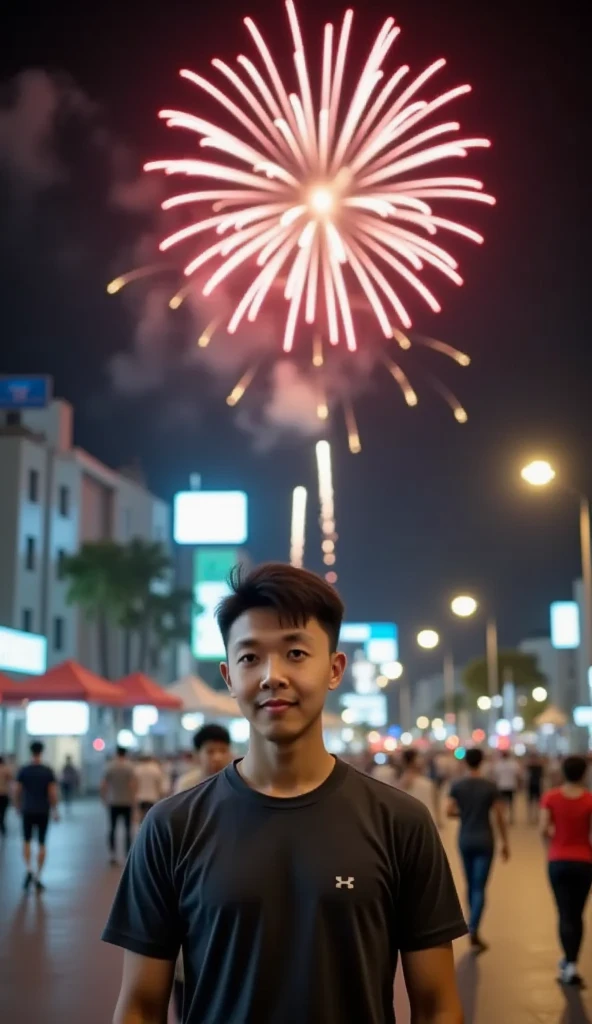 Fireworks happy new year 2025 night sky, realistic, perfect face, Lasisan, a man with tshirt, Walking Street Nguyen Hue, Ho Chi Minh City, background words "HAPPY NEW YEAR 2025"