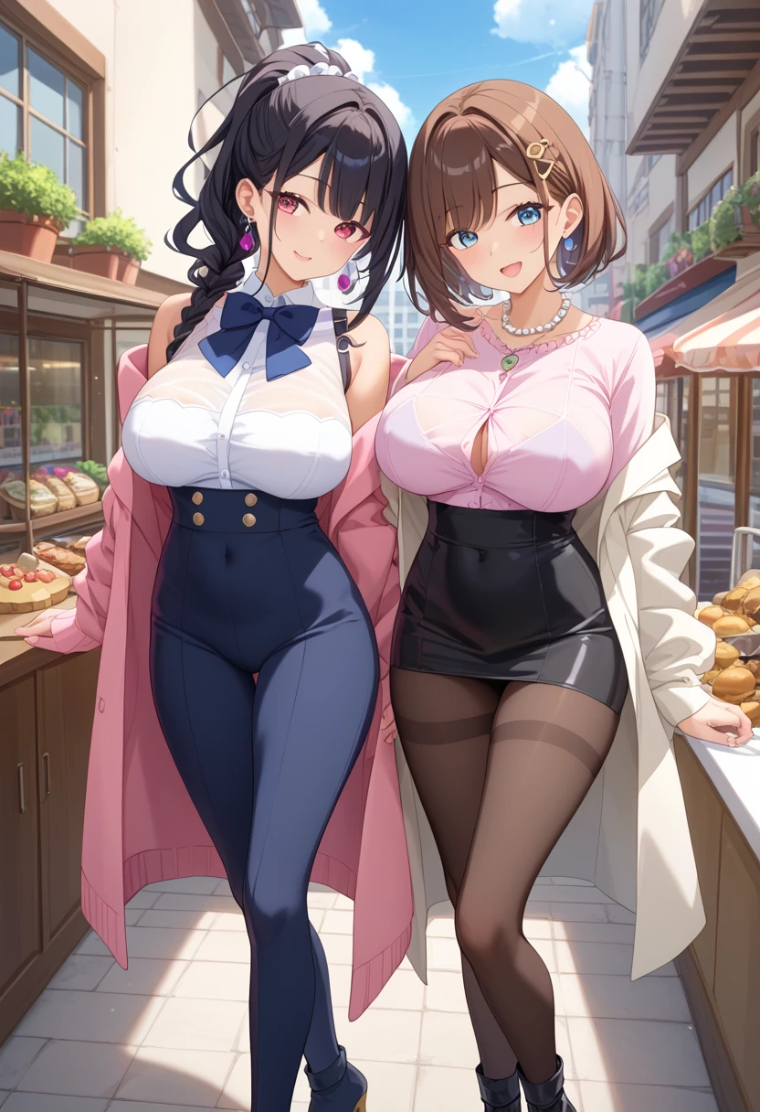  top quality 、 high res、( high image quality:1.2)、masterpiece、 detailed background 、 Beautiful face in every detail 、 detailed face 、 detailed expressions 、 detailed eyes、 beautiful woman in her 20s 、 huge breasts、 perfect body line 、Brown Hair、 black hair、 braided bob cut 、 ponytail、Clear afternoon 、The bustling streets of Ginza、 pearl necklaces and silver earrings 、
( Two beautiful women enjoying the city of Ginza :1.5)、
 luxury brand shops and Two girls are happily walking through an area lined with fashionable boutiques、
 while looking at the latest fashion items and accessories lined up in the shop window 、 they exchange opinions on this and that 、
 } Create a mature look with subdued colors 、 they add modesty yet glamor 、 beautiful scenes like a scene from a movie 、I'm going to enjoy the city of Ginza 、
 boots and pumps with black and beige heels 、Gives a simple and classy impression、 simple yet elegant and complement the overall look 、 ivory and pastel colored silk blouses 、 camel and gray long coats 、 while looking at the latest fashion items and accessories lined up in the shop window 、 I actually try them on 、 while talking about each other's styles 、 tight black skirts and slim fit pants 、 very beautiful