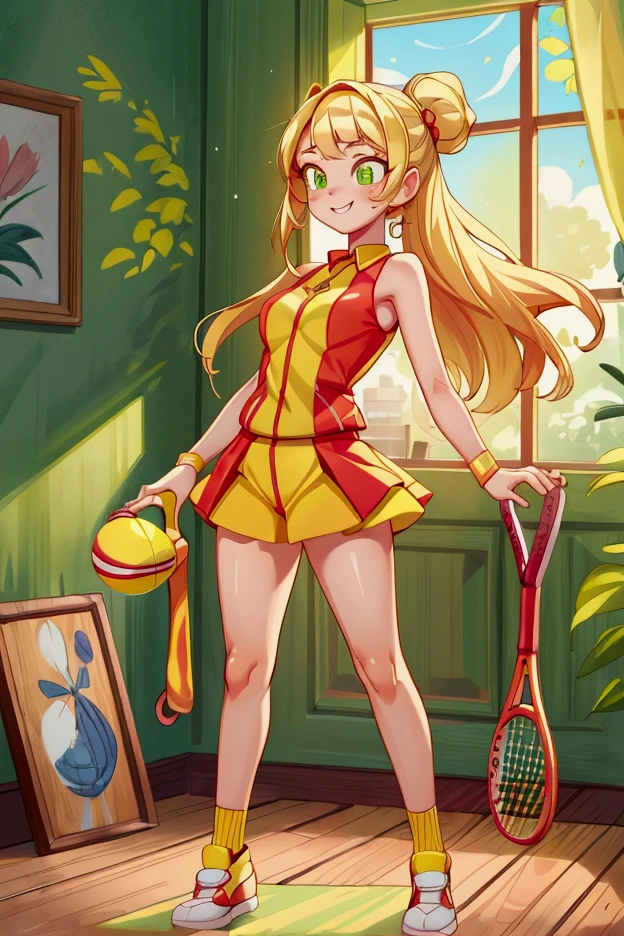 (Masterpiece, best quality) 1 girl, standing indoors with intricate details and sunlight, red and yellow tennis outfit, tennis racket, blonde long hair, green eyes, sexy smile, sexy pose, coquette, beautiful long legs, mature teen girl, gorgeous body, pronounced breasts.