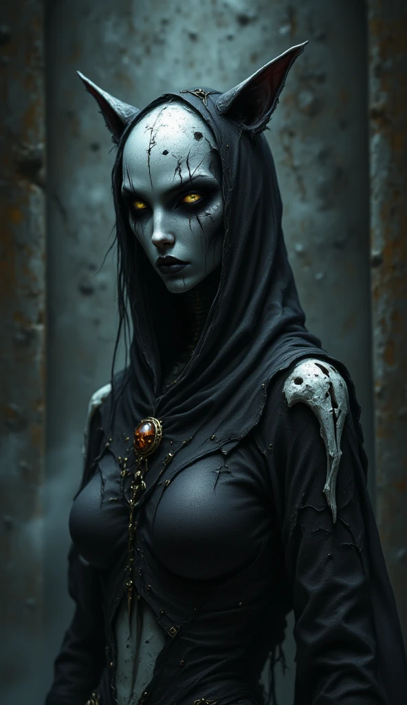 medium shot, young female body with female skull with cat-ears, cat-eared girl skull, horror, dark fantasy, high quality, 8k, photorealistic, detailed facial features, intricate details, dramatic lighting, moody atmosphere, muted color palette, deep shadows, unsettling, mysterious, ominous, aidmafluxpro1.1, dnddarkestfantasy, 