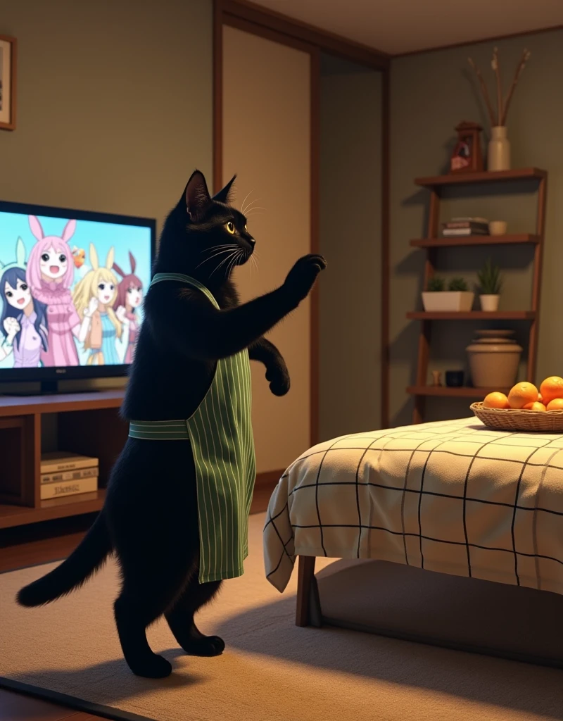 ultra-realistic, photorealistic, dramatic scene, shadow, global-illumination, the human-like giant black cat\(wearing a vertical striped green apron, black cat, dancing at the side of the low table that covered by a heavy blanket, watching TV and dancing identical to the idol on TV, raising a hand\), there is a low table fully covered with a light colored checked thick blanket on the large carpet in the stylish Japanese apartment room, a TV and shelf are in the room, the tv displays\(anime, cute anime, detailed big circle eyes, extra long curly haired, smile, 5 girls each colored extra long curly hair of pink and blue and silver and blonde and black with bunny's ears, live performance of a cute young idol singer girl wearing a pastel colored dress, bunny's ears, happy smile, cute girls, singing on stage, spot lighting, dancing, raising a hand\), stylish furnishings, mandarin oranges in the basket is on the low table, in winter,