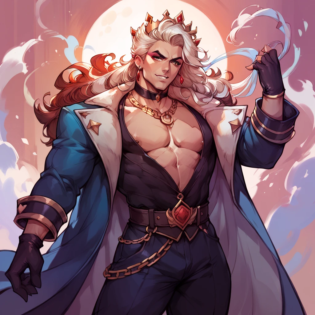 Handsome vampire male. Ash grey hair. Long curly hair. Royal attire. Muscular body. Freckles. Piercings. Hazel green eyes. Arrogant expression. Bara. Dark brown skin. Curly hair. 9 ft tall. Big bulge in pants. Blue hair tips. Purple eyes