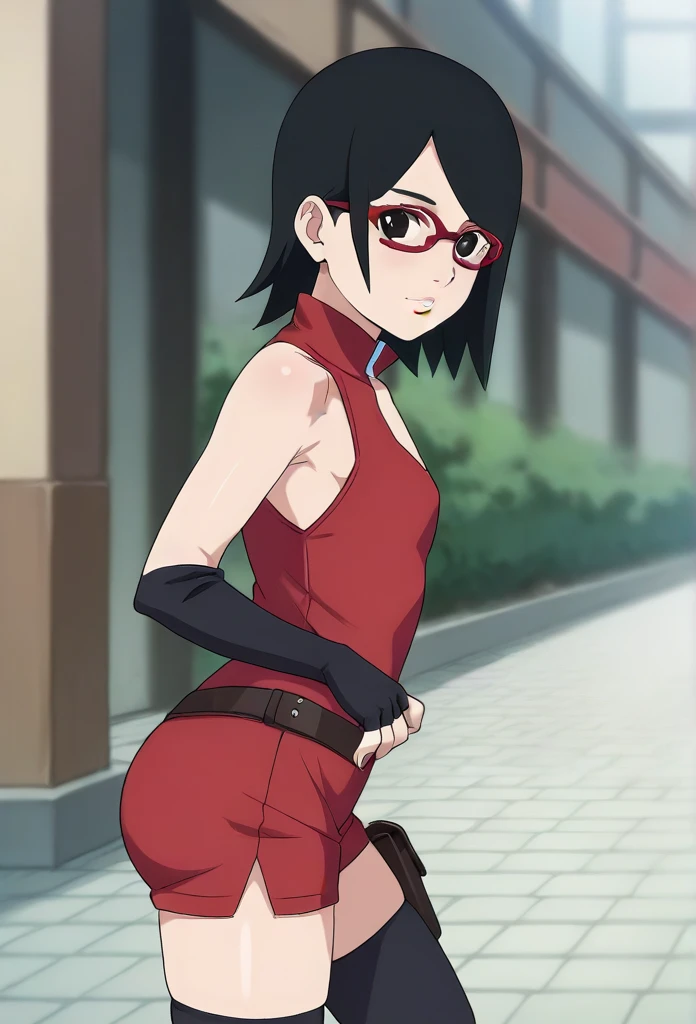 perfect face, perfect eyes, BBC_Chan Style, Sarada Uchiha, solo, 1girl, black hair, short hair, red-framed eyewear, glasses, black eyes,red dress, sleeveless, elbow gloves, black gloves, fingerless gloves, white shorts, black thighhighs, thigh holster, side view, large round butt, bubble butt ,konohagakure village pathway, flat chest,full lips