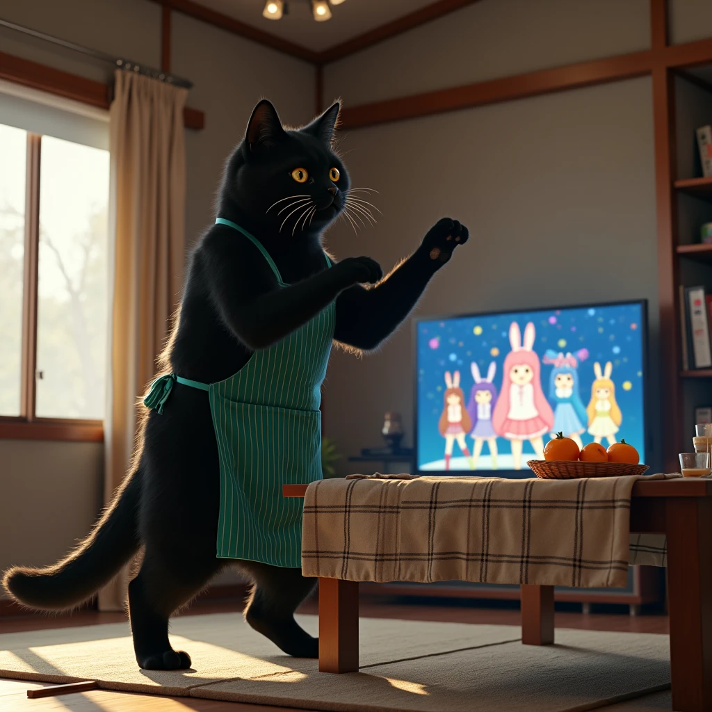 ultra-realistic, photorealistic, dramatic scene, shadow, global-illumination, the human-like giant black cat\(wearing a vertical striped green apron, black cat, dancing at the side of the low table that covered by a heavy blanket, watching TV and dancing identical to the idol on TV, raising a hand\), there is a low table fully covered with a light colored checked thick blanket on the large carpet in the stylish Japanese apartment room, a TV and shelf are in the room, the tv displays\(anime, cute anime, detailed big circle eyes, extra long curly haired, smile, 5 girls each colored extra long curly hair of pink and blue and silver and blonde and black with bunny's ears, live performance of a cute young idol singer girl wearing a pastel colored dress, bunny's ears, happy smile, cute girls, singing on stage, spot lighting, dancing, raising a hand\), stylish furnishings, mandarin oranges in the basket is on the low table, in winter,