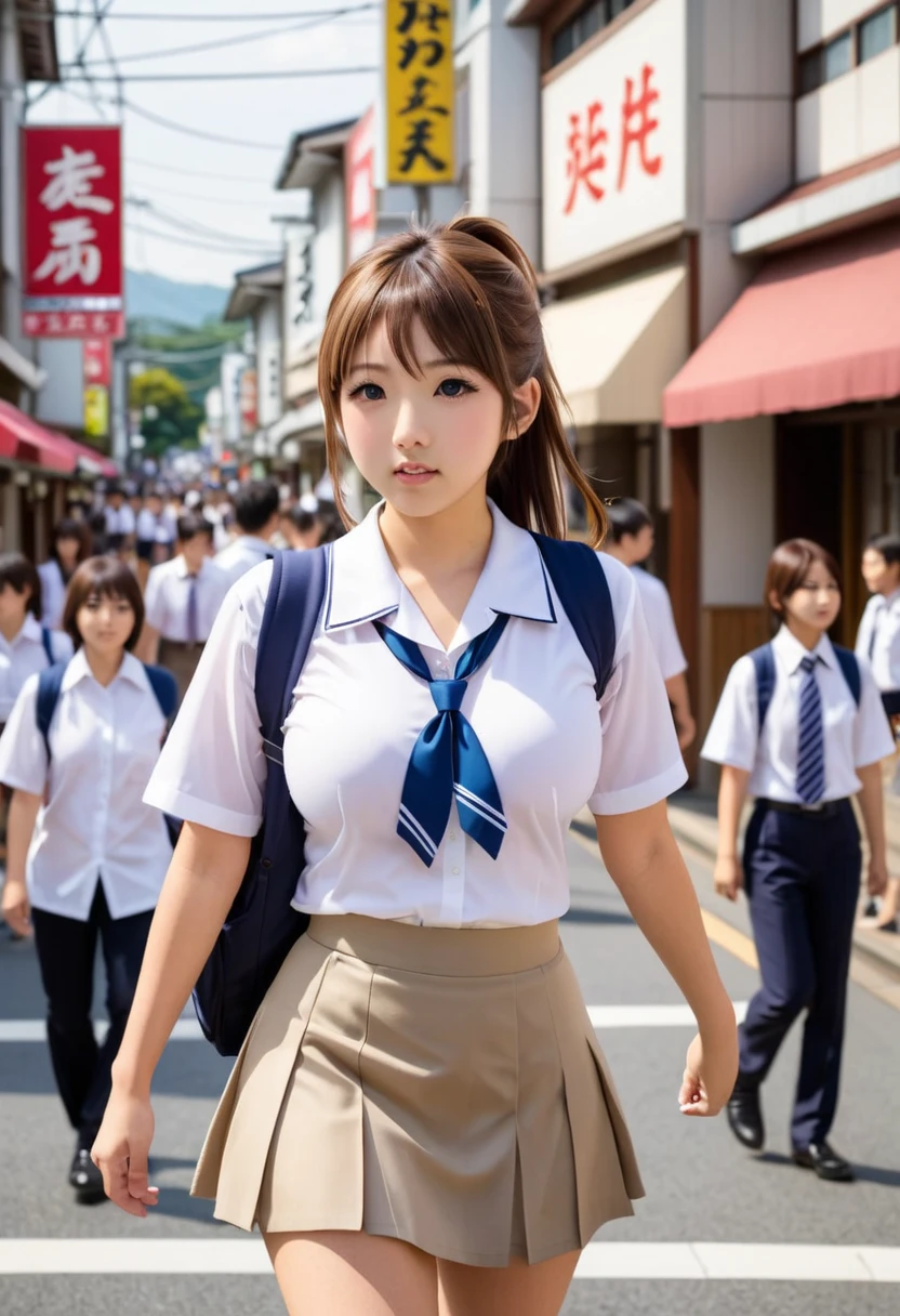 Japanese school girl walking down the main street, school uniform, huge breasts, white blouse with ribbon, brown ponytail, mini skirt,