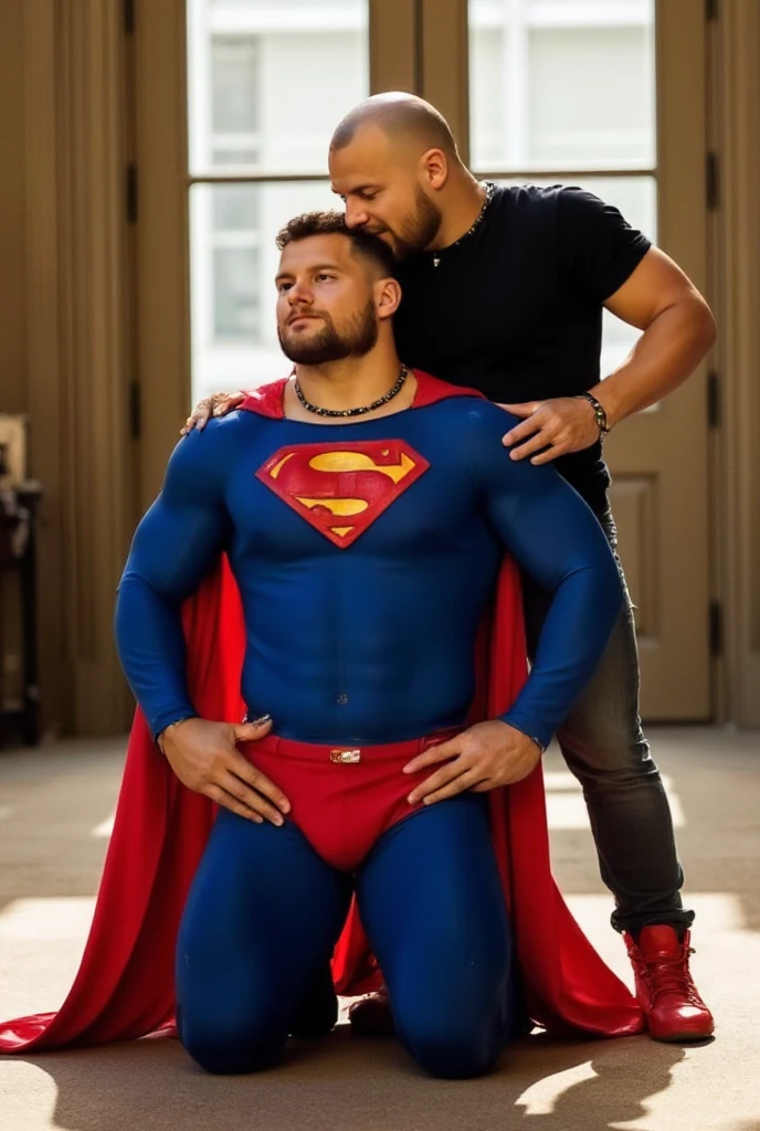 
a buff man in a superman costume (think movie version of Superman-black undercut, blue tights and red cape and red boots and red briefs)wearing a classic blue Superman costume, his chest displays the iconic "S" symbol. Superman's traditional red cape is present, attached to the shoulder and flowing behind him , kneeling on the ground in pain, a glowing emerald green crystal pendant hanging from his neck, bound by several chains in the middle of a sunny room. Lex(bald man) stands behind Superman and kisses him. Lex(bald man)  wears Black tight T-shirt ans jeans.