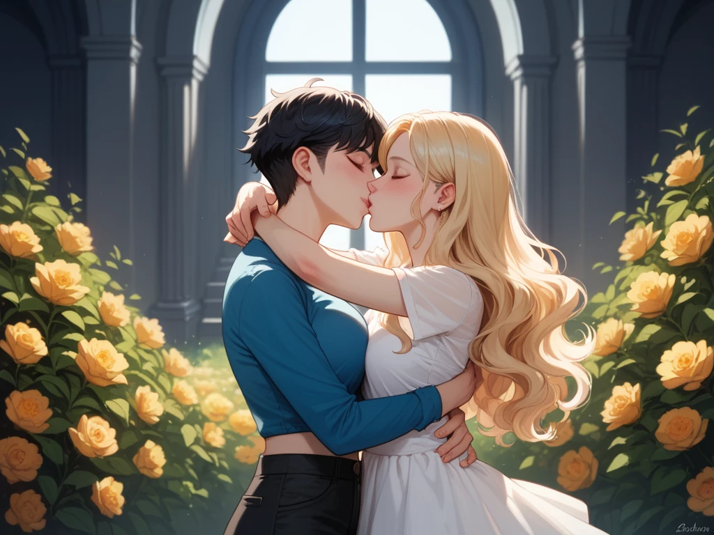 digital art image of two girls kissing ,  a blonde with long wavy hair dressed in a blue shirt and a short pale pink splint skirt kissing and caressing with love another tall Korean girl with short black hair dressed in wide black pants and a white shirt touching her face and hugging around the waist in front of an arched window of a large glass castle where in the background you can see a dark field embracing