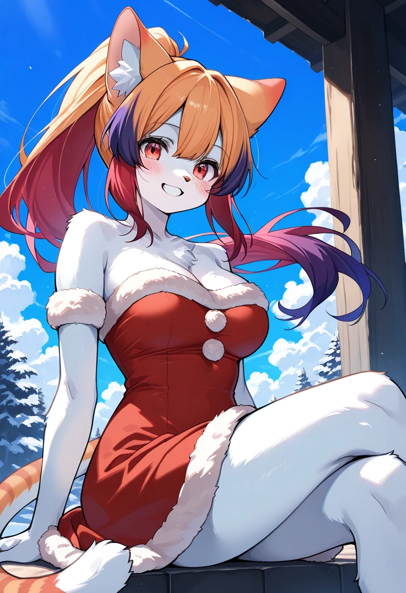 1girl, (furry, kemono:1.3), cat girl, animal nose, catears, cat tail, breasts, multicolored hair, red eyes, cleavage, long hair, bare shoulders, two-tone hair, grin, large breasts, blush, floating hair, blonde hair, red hair, ponytail, purple hair, medium breasts, orange hair, blue hair, fur trim, fur-trimmed dress, dress, looking at viewer, sitting, outdoors, solo, strapless, smile, blue sky, sky, cloud, white fur, day, body fur, fur-trimmed shirt, animal ear fluff, masterpiece, best quality, very aesthetic, absurdres