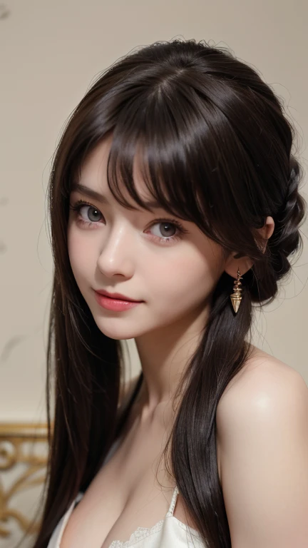 (masutepiece:1.3), High resolution, ultra-detailliert, the Extremely Detailed CG Unity 8K Wallpapers, Realistic, Photorealsitic, Raw photo, beautifull detailed face, pale skin, realistic glistening skin, Detailed Cloth Texture, detailed hair texture, Perfect body, Beautiful face, acurate, Anatomically correct, Highly detailed face and skin texture, Natural neck length, (Fair skin:1.2), thin legs, Thin feet, (Aligned teeth:1.1), Sweaty skin, BREAK, Detailed eyes, symmetrical eye, Light brown eyes, Double eyelids, Thin eyebrows, (Sleepy eyes:1.1), (Glossy lips:1.4), (Mouth waiting for a kiss:1.2), (blush:1.2), (Small hair accessories that sparkle:1.1), BREAK, (classy girl:1.3), (Wearing (doress:1.2) With a white floral pattern), BREAK, ((Close Up Shot:1.2)), medium breasts, Slender figure, Firm abs, ((up do hairstyle, Dark blonde hair, Wavy Hair, Long hair:1.1)), ((asymmetric bangs:1.2)),
