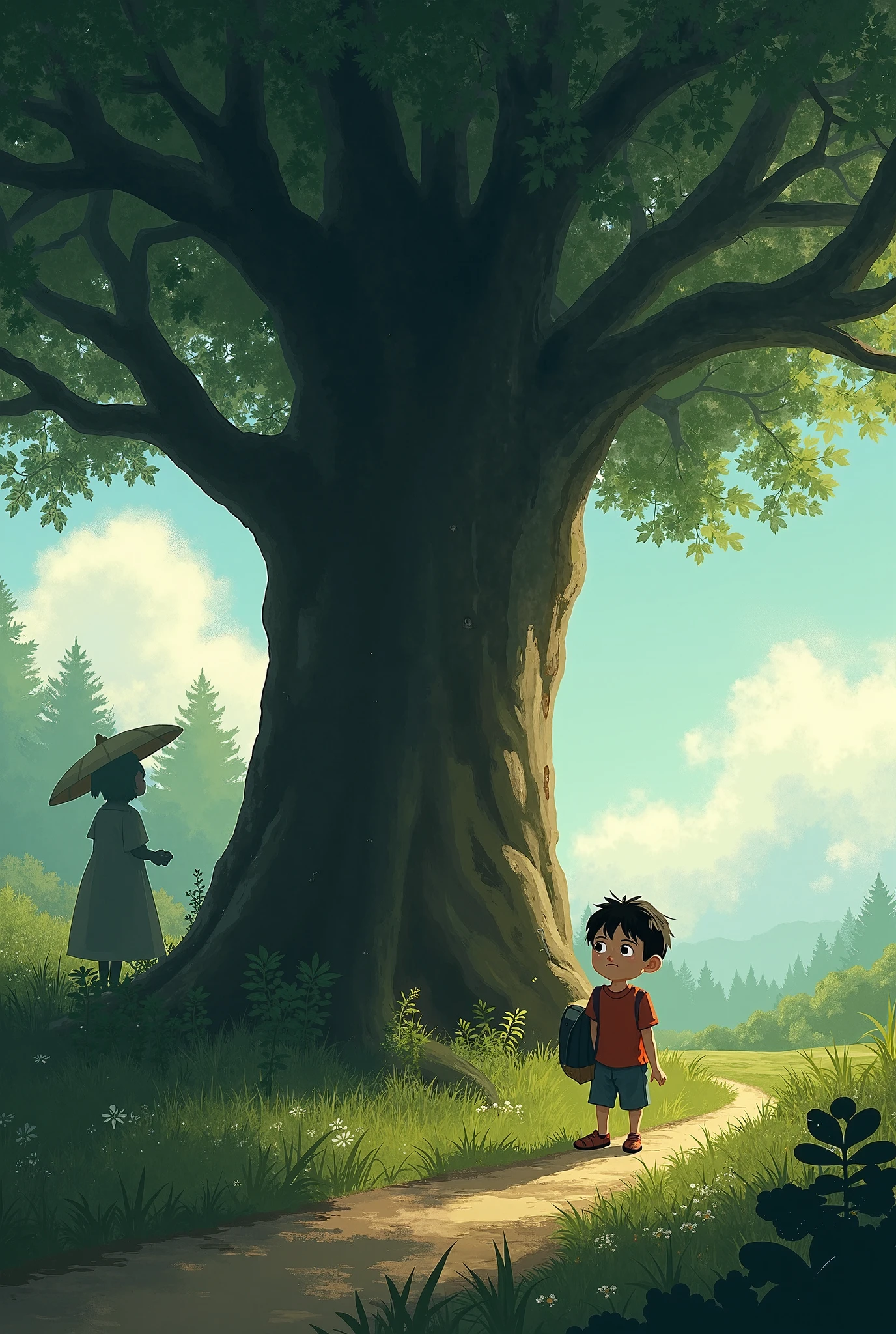 There is a cartoon boy standing in front of a tree - SeaArt AI
