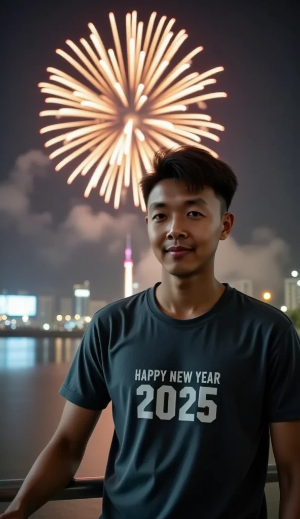 Fireworks happy new year 2025 night sky, realistic, perfect face, Lasisan, a man with tshirt, Tram Huong tower, Nha Trang City square, background words "HAPPY NEW YEAR 2025"