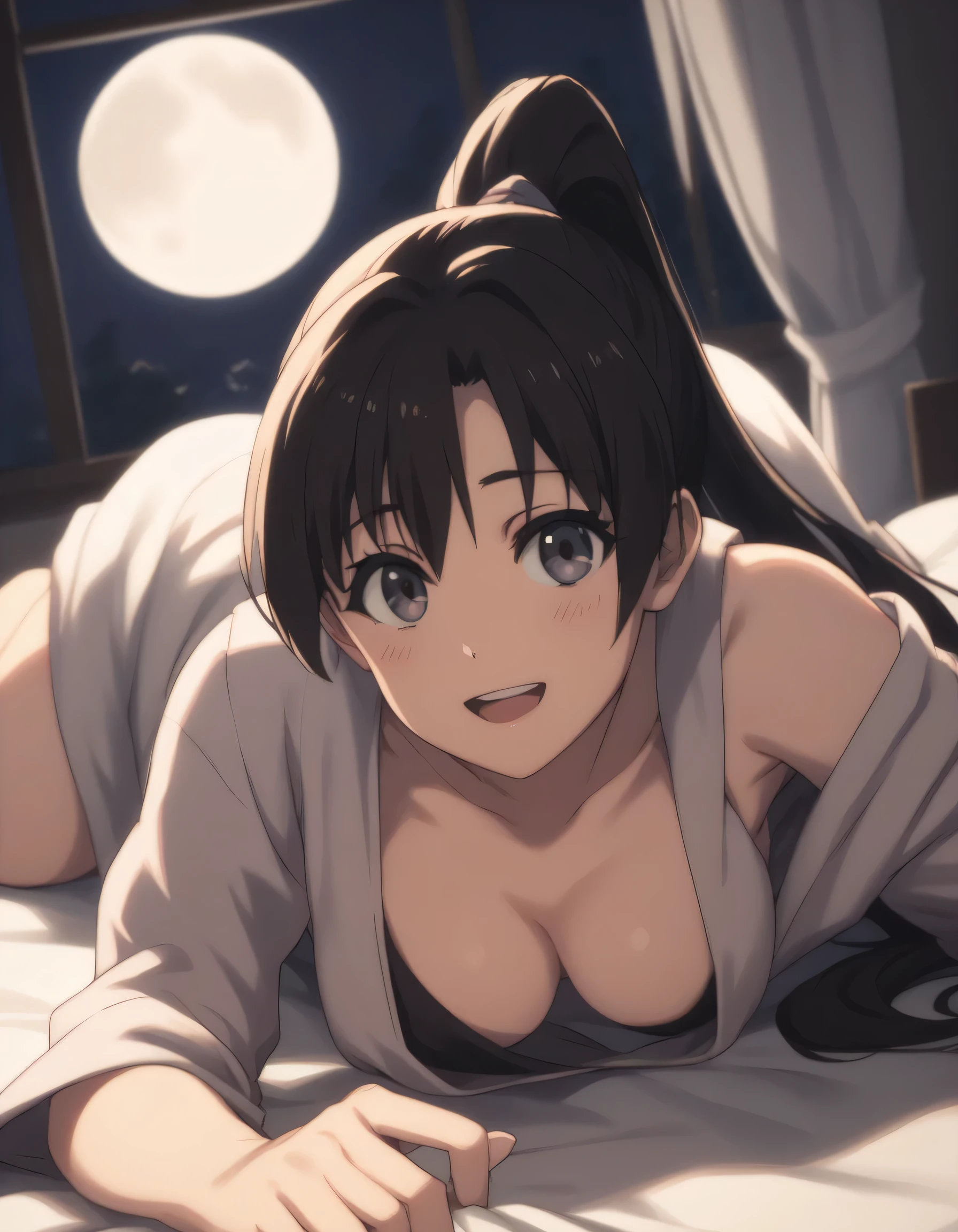 score_9, score_8_up, score_7_up, gsfghtr, long ponytail hair, black hair, Plunging Neckline, 1girl,solo,looking at viewer,blush,smile, open mouth, lying on bed, bed room with window, (((bright light from front))), moon, night